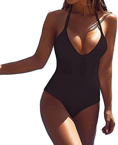 Enggras Women's Vintage Mesh See Through Halter One Piece Swimsuit Bathing Suit Swimwear Black L