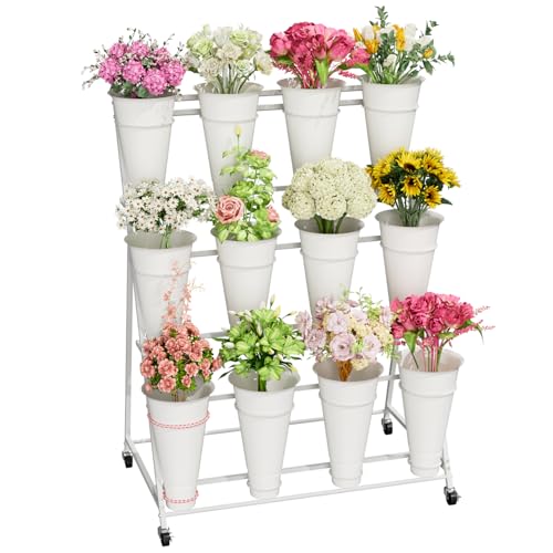 Flower Stand, 3 Tier Flower Display Stand with 12 Buckets, Upgrade Double Circle No Shaking, Outdoor Flower Cart with Wheels for Home, Patio, Garden, Shop, Wedding, Party, Exhibition, Indoor, White (White)