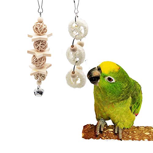 ESRISE 8 Pcs Bird Parrot Toys, Natural Wood Hanging Bell Pet Bird Cage Hammock Swing Climbing Ladders Wooden Perch Mirror Chewing Toy for Conures, Love Birds, Small Parakeets Cockatiels, Macaws - Thumbnail 4