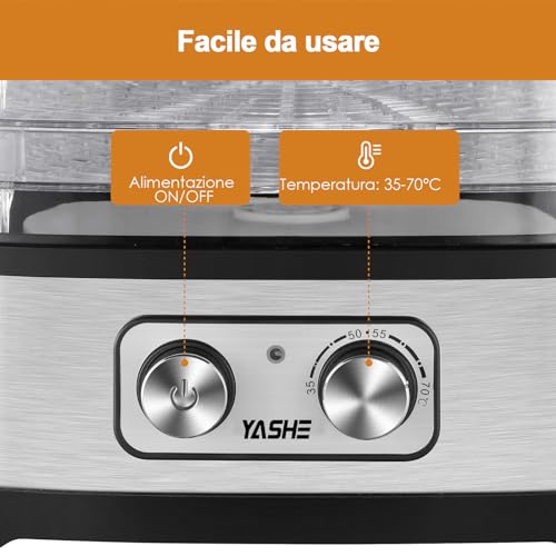 YASHE GGJ-261A Food Dryer, 5 Trays Height Adjustable, Temperature Control from 35 to 70 °C, Fruit and Vegetable Dryer, 240 Watt, BPA Free