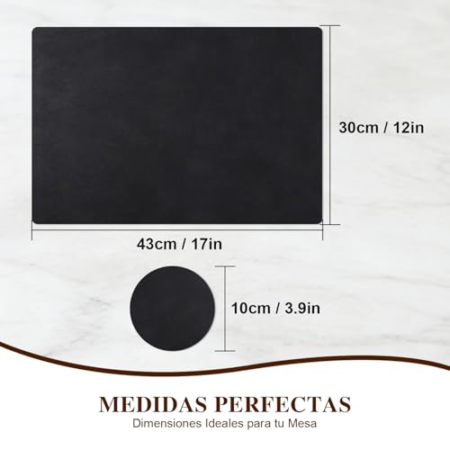 Manteles Individuales para Mesa de Piel, Set de 6 Manteles Individuales y Portavasos, Tapetes para Mesa de Comedor Impermeable, Resistente al Calor, Mantel Individual para el Hogar, Hotel (Negro)