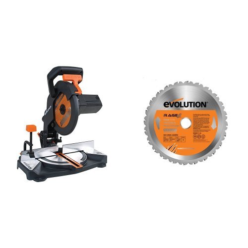 Evolution Power Tools R210-CMS Multi-Purpose Compound Mitre Saw, 210 mm, 110 V with RAGE Multi-Purpose Carbide-Tipped Blade, 210 mm