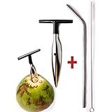 Ken's CocoMon Coconut Opener Tool + Stainless Straw for Fresh GREEN Young Fruit Black Rubber Handle EZ Easy Grip SAFE with Stainless Steel Drinking Straws (1 CocoMon + 1 Straw)