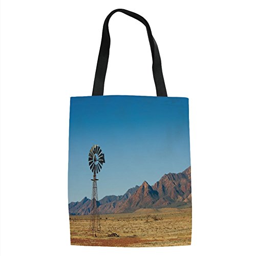 IPrint Windmill Decor,Flinders Ranges South Australia Mountains Barren Land Summer Decorative,Earth Yellow Light Blue Printed Women Shoulder Linen Tote Shopping Bag