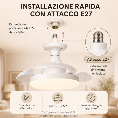 MARSI Ventilador de Techo con Luz LED 40 cm, Lámpara Ventilador E27, 3 Aspas Retráctiles PC, Motor DC, 3 Velocidades, Luz Regulable, Mando IR, para Dormitorio y Estudio
