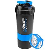 Protein Shaker Bottle - Sports Water Bottle - Non Slip 3 Layer Twist Off 3oz Cups with Pill Tray - Leak Proof Shake Bottle Mixer- Protein Powder 22 oz Shake Cup with Storage