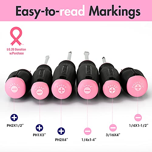 WORKPRO 6-Piece Pink Magnetic Screwdrivers Set, Includes 3 Slotted & 3 Phillips Screwdrivers, Stubby Screwdrivers, Soft TPE Handle, Cr-V Shank, Hand Tool Kit for Woman - Pink Ribbon