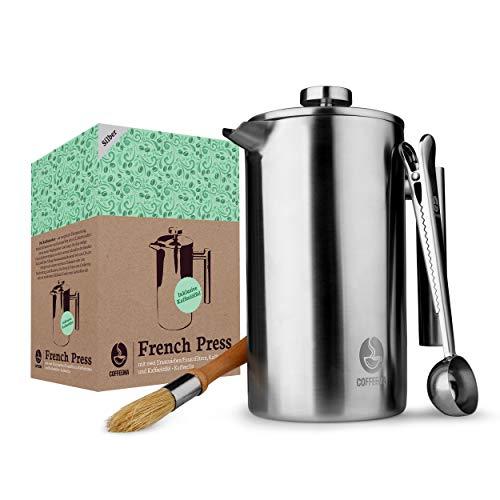 Coffeema® Premium French Press 1 Liter – Hochwertiger Kaffeebereiter – Inklusive Zubehör – Moderne Stahloptik (Edelstahl…
