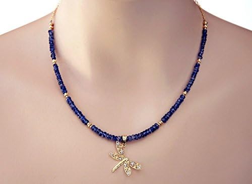 Two Tone Dragonfly of 14K Yellow and White Gold Pendant Necklace, Natural AAA Blue Kyanite Gemstones, 14K Yellow Gold Beads, LLD Jewelry