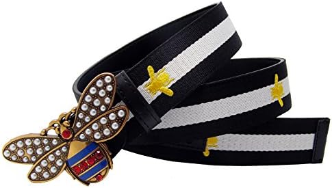 Rhinestone Peal Bee Buckle Women Belt Gift Contrast Color Embroidery Bee Canvas Leather Lady Strap Jeans