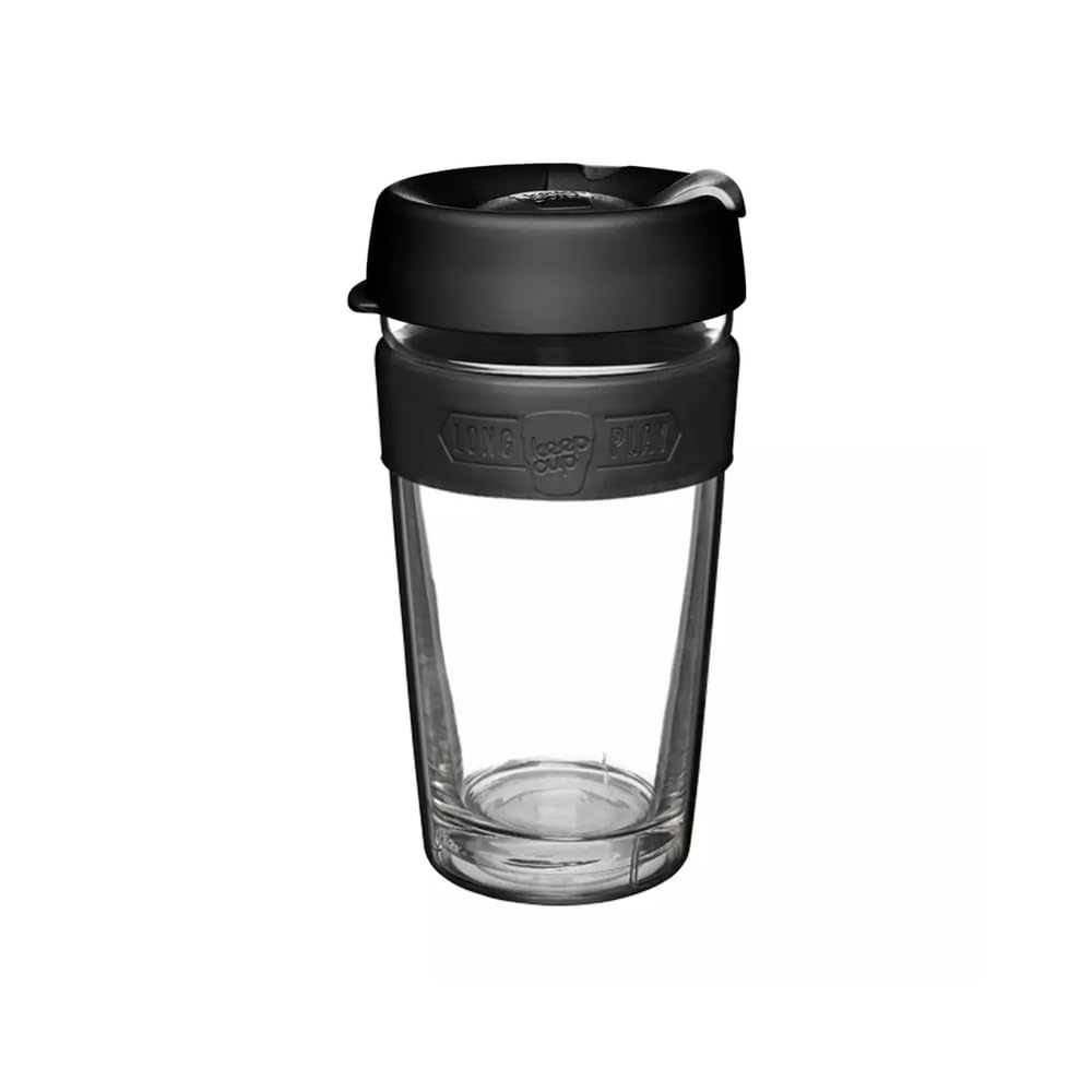 KeepCup Longplay - Reusable Coffee Cup, Double Wall Glass with Removable Sleeve and splashproof Sipper lid - 16oz/454ml - Black