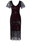 Vijiv Women's Vintage 1920s Dresses Gatsby with Sleeves Long Sequin Flapper Dress for Party Wedding Evening, Burgundy, X-Large
