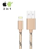 Android Charger & Iphone Charger 2 in 1 Charger Lightning Cable, 3.3ft Micro USB Metal Charging & Sync Cable for Android Samsung Galaxy iPhone iPad and More - Gold
