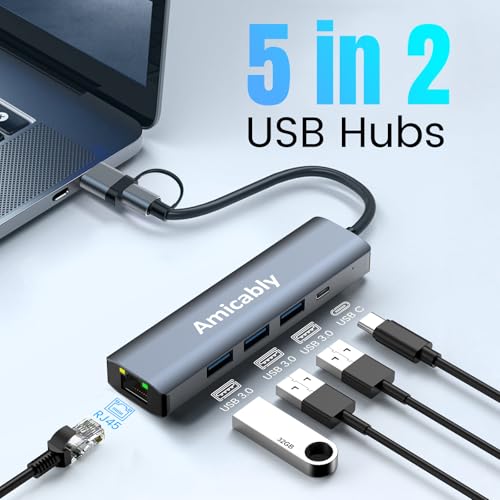 USB to Type C Adapter, 5 in 2 USB 3.0 Hub, USB C Hub Multiport Adapter Compatible with Macbook Air/Pro, iPad, iPhone 17 Pro MAX Air, Galaxy S25 Ultra, Surface