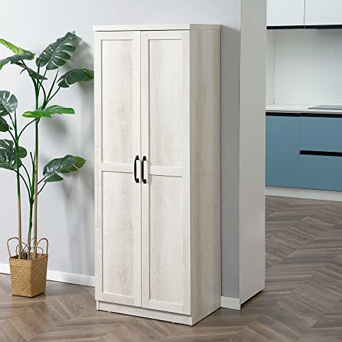 HOMCOM 63" Kitchen Pantry Cabinet with Shaker Doors, Modern Freestanding Tall Buffet Storage Cabinet with Adjustable Shelves, Distressed White