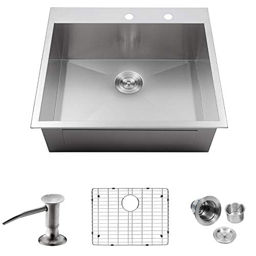 MOWA HTS2522 25" x 22" Handmade 16 Gauge Stainless Steel Top Mount Drop In Single Bowl Kitchen Sink w/Soap Dispenser, Sink Grid & Drain Strainer, 10-Inch Deep Laundry Utility Sink, Fits 27" Cabinet