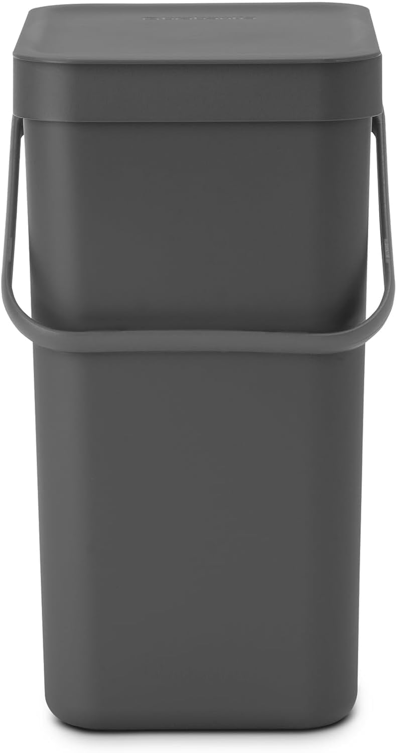 Brabantia Sort & Go Waste Bin 12L (Grey), Space-Efficient Plastic Recycle Container with Handle, Removable and Stay-Open Lid, Easy to Clean Kitchen Bin without Nooks and Rims