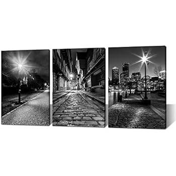 Canvas Wall Art Boston - Black and White Modern Panoramic City Night View Skyline Cityscape Historic Center Prague Street Lights Close-up Picture Painting for Bedroom Living Room Home Decor Framed