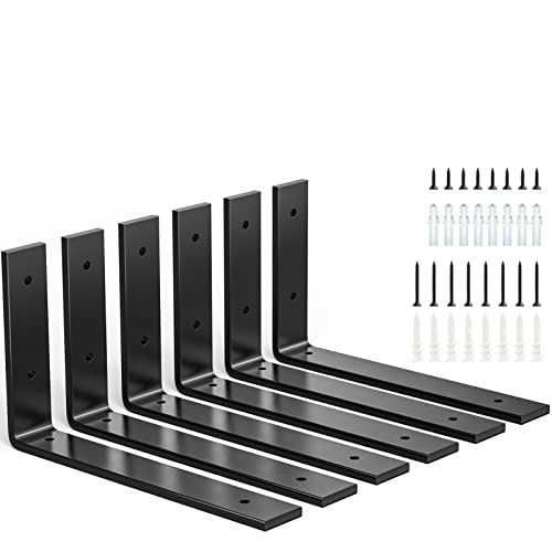 10 x 6" Black Shelf Brackets 6PCS, Steel L Brackets Heavy Duty, Garage, Kitchen, Bathroom