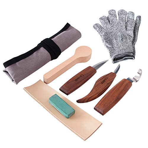 7PCS Wood Carving Knives Set Hook Knife Spoon Carving Tool Soup Spoon Blank Cut Resistant Gloves Leather Strop and Polishing Compound Included