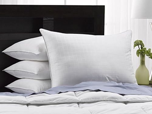 Exquisite Hotel Plush Down-Alternative Gel-Fiber Filled Hypoallergenic Pillows with a 100% Cotton Shell, Windowpane Pattern, and Soft Density, 4-Pack, Standard Size