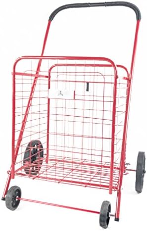 ATH Medium Deluxe Rolling Stowable Folding Utility / Shopping Cart with Rubber Wheels, Red. Haul Laundry, Groceries, Sports Equipment
