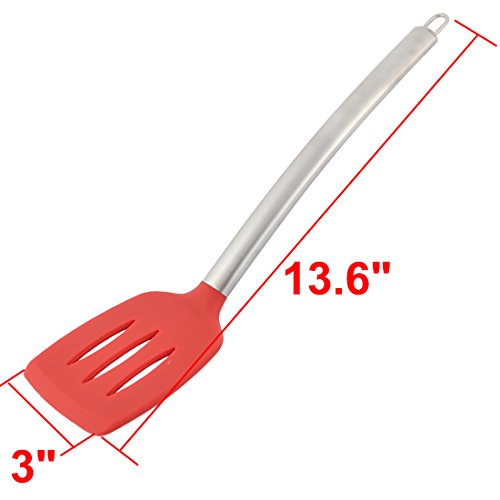 uxcell Silicone Slotted Non Stick Heat Resistant Pancake Turner Spatula Red Silver Tone