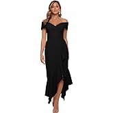 Xscape Women's Sweetheart Neckline Off-Shoulder Crepe Midi Dress with Hanky Hem, Black, 6