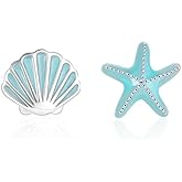 Blue Sea Shell Starfish Asymmetric Stud Earrings for Women 925 Sterling Silver Tiny Small Star Enamel Seashell Huggie Studs Earring Cute Jewelry Gifts Summer Beach Hypoallergenic
