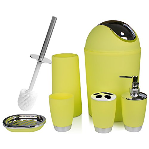 TEKITSFUN Yellow Bathroom Accessories Set,6 Pcs Plastic Gift Bath Accessory Set Luxury Ensemble Includes Toothbrush Holder,Toothbrush Cup,Soap Dispenser,Soap Dish,Toilet Brush Holder,Trash Can