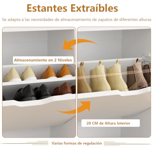 Zapatera Organizador Madera 4 Cajones Abatibles, Zapateras Modernas, Blanco | Zapateros Cerrado Mueble con Estantes Extraíbles, 8-16 pares, Zapatero de Madera para Recibidor Entrada Casa, 105*24*100cm