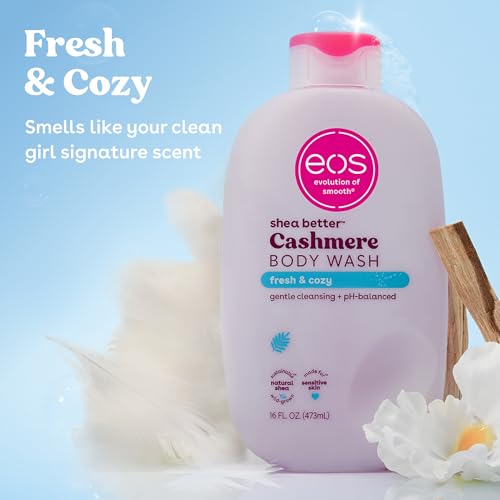 EOS CASHMERE BODY WASH – FRESH & COZY, MOISTURIZING BODY WASH, CREAMY GEL FORMULA, WITH SHEA BUTTER, GLYCERIN, VITAMIN E, PH BALANCED, SENSITIVE SKIN, VEGAN, 16 FL OZ