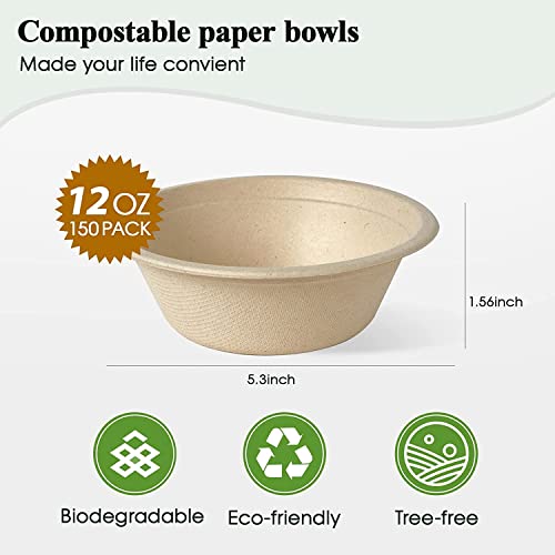 SYOSI Compostable Bowls, 12oz Disposable Paper Bowls, Biodegradable Soup Bowls Made of Natural Bagasse, Eco-Friendly Sugarcane Bowls for Salad Wheat Flakes 100 Pack (Nature)