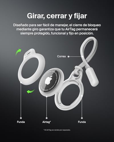 Funda AirTag con Correa, Llavero AirTag Resistente a los Arañazos, Banda para Aro de Llavero, Frontal Abierto y Bordes Elevados, Cubierta, Localizador de Llaves, Mascotas y Maletas, Blanco