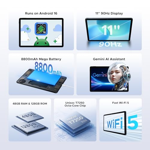 POPUX P11 Android 16 Tablet 11 Inch, 48GB RAM+128GB ROM (2TB TF), 90Hz, T7250 Octa-Core, 8800mAh, 13MP+5MP, Gemini AI, Widevine L1, Face ID, GPS, FM, Tablets with Keyboard and Pen, Black