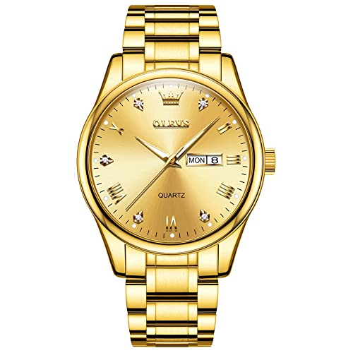 Men's Casual Stainless Steel Watch, Big Face Easy to Read Analog Quartz Watch with Day and Date, Classic Waterproof Diamond Roman Arabic Numerals Dial Dress Watch for Men, Gold Silver Black Band