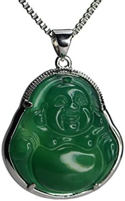 White Gold Plated Green Jade Buddha Pendant and Box Chain