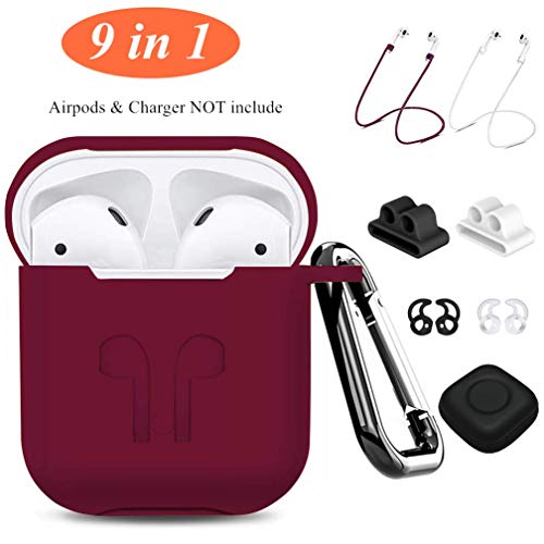 AirPods Case,9 in 1 Airpods Accessories Kits Protective Silicone Cover and Skin Compatible Apple Airpods Watch Band Holder/Ear Hook/Anti-Lost Stap/Clip/Keychain/Grip (Airpods Case Burgundy)