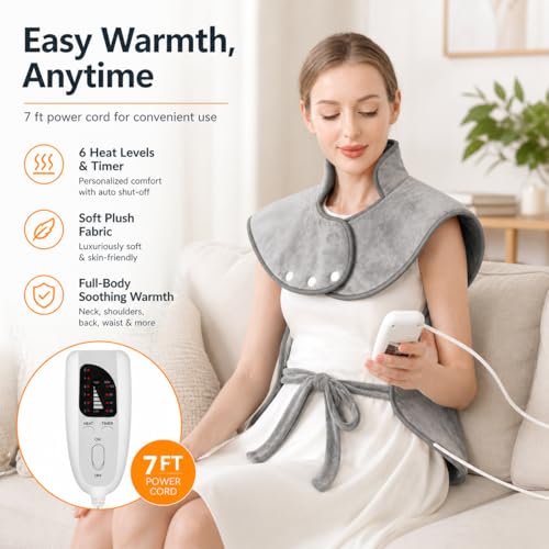 CoreBazz Electric Heating Pad for Neck and Shoulder and Back with 6 Heating Settings & 4 Timer, Large Size Heated Wrap with Auto Shut Off & Machine Washable (Silver Gray, 37x24 inch(94 * 61 CM))