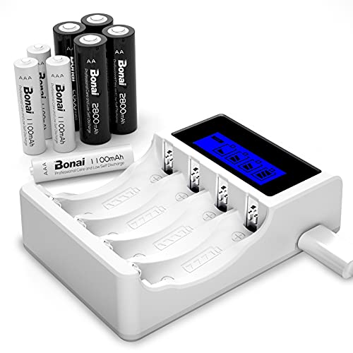 BONAI LCD Rechargeable Battery Charger with 4 Bay AA AAA, 4 Pieces AA 2800mAh & 4 Pieces AAA 1100mAh Ni-MH
