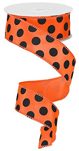 Polka Dot Wired Edge Ribbon - 10 Yards (Orange, Black, 1.5