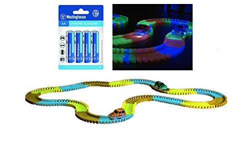 246 Piece Glow in the Dark Bend-a-Path Safari Adventure Playset for Kids, 2 Light up SUV - 12 Ft Track , & 1 - 4 Pack AA Batteries, Unisex Toys for Age 3 & Up