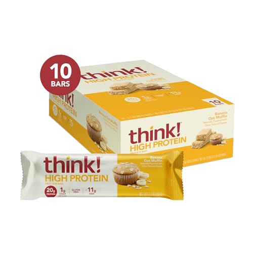 THINK! PROTEIN BARS, HIGH PROTEIN SNACKS, GLUTEN FREE, HIGH FIBER, BANANA OAT MUFFIN, 10 COUNT