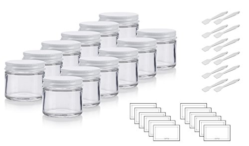 Click Here to See More Images Clear Thick Glass Straight Sided Jar with White Metal Airtight Lid - 2 oz/60 ml (12 pack) + Spatulas and Labels