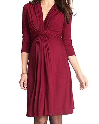 KIMILILY Women's Elegant V Neck Knot Front Ruched Stretch Maternity Dress (Burgundy, M)