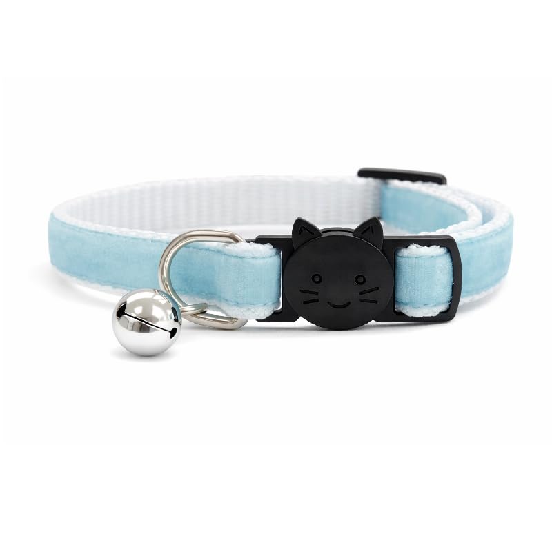 Velvet Cat Collars with Bell | Quick Safety Release Breakaway Buckle | Handmade in the UK | Available in Cat & Kitten Size | Baby Blue Velvet — image 1