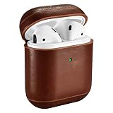 AirPods Case, ICARER Genuine Airpods Leather Case (The Front LED Visible) Wireless Charging Cover for Apple Airpod 2 & 1 (Brown)