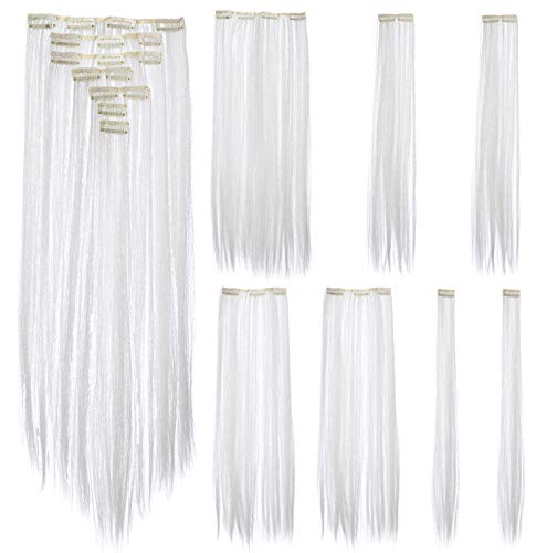 SWACC 7 Pcs Full Head Party Highlights Clip on in Hair Extensions Colored Hair Streak Synthetic Hairpieces (22-Inch Straight, White)