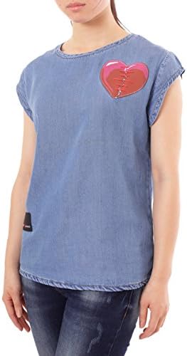 ASK 4 JEANS Women Short Sleeve Denim blouses with Heart patch (X-Large)