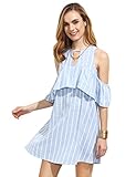 SheIn Women's Striped Ruffle Cold Shoulder Cutout Keyhole Dress Large Blue